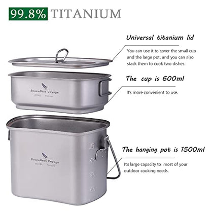 Boundless Voyage Titanium Mess Kit Hanging Pot Cup with Lid Folding Handles Outdoor Camping Cooking Set Ultralight Portable Tableware Cookware