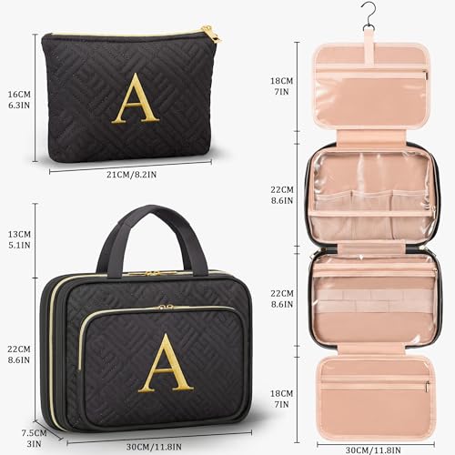 Personalized Gifts for Women, Initial Toiletry Bag Hanging Travel Organizer & Makeup Cosmetic Bag with Embroidery Letter Teacher Appreciation Gift Birthday Mothers Day Gifts for Mom Wife Friend Sister - style: A
