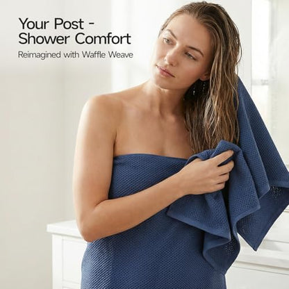 REDKISS 100% Cotton Waffle Weave Bath Towels 4 Pack - 27.5x55 Inches| Lightweight, Quick Dry & Highly Absorbent,Perfect for Spa, Gym, Travel, Guest Bathroom-Blue - color: Blue