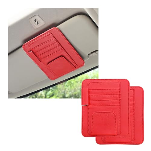 Dickno 2PCS Small Leather Car Sun Visor Organizer, Multifunctional Auto Visor Document Holder with Sunglasses Clip, Universal Car Interior Organizer for Drving License, Card, Pen (Red) - color: Red, 2PCS