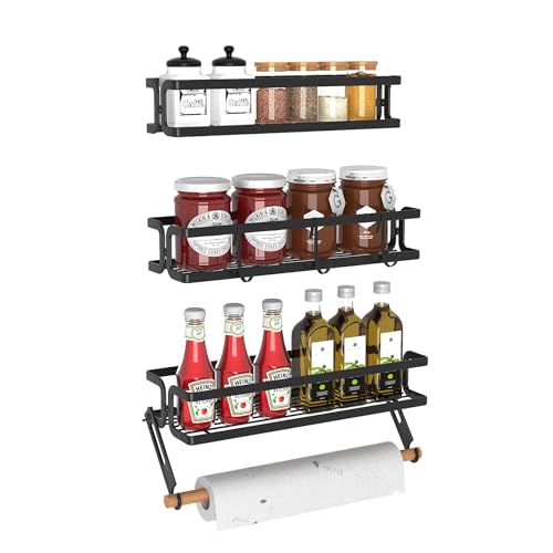 Spice Rack Wall Mount, Black, 3 Pack | Paper Towel Holder and Hooks, Screw or Adhesive Hanging, Space Saving, For Seasonings, Stove, RV, Cabinet - color: Black