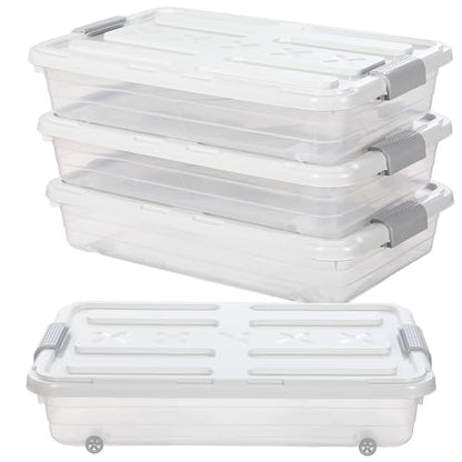 Beeveer 4 Pcs Plastic Under Bed Storage Containers with Lid Wheel Handle, Transparent Large Capacity Stackable Latching Storage Bins for Closet Bedroom Clothes Shoes Blanket(23.7 x 15.8 x 5.2,White) - color: White