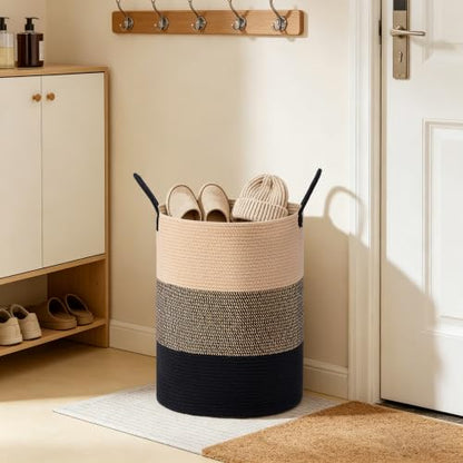 72L Large Tall Cotton Rope Laundry Basket with Handles, Brown & Black - color: Brown & Black, size: 72L