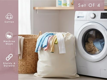 PurpleEssences Laundry Bag Durable Clothes Drawstring Bag Machine Washable Travel Laundry Organizer for Dorm, College, Hamper - Set of 4, 28 x 32 Inch, Laundry Liner Bag - Natural - size: 28 x 32 Laundry Liner Bag