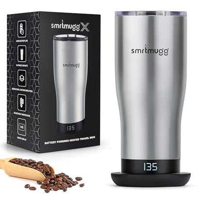 SmrtMugg X Heated Coffee Mug 19 oz., 8 Hour Battery Life, Self-Heating, Adjustable Temp Controlled, LCD Screen, Includes Cover with Magnetic Slider (Black) (Stainless Steel) - color: Stainless Steel