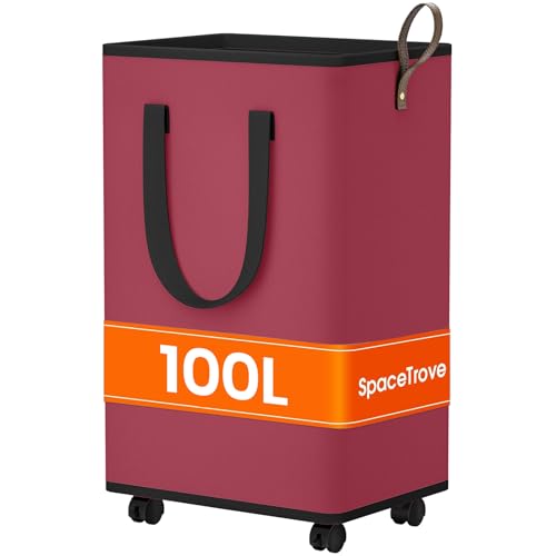 SpaceTrove Laundry Basket with Wheels, Collapsible Laundry Baskets, Laundry Hamper with Handles Detachable Wheels, Rolling Laundry Basket, Dirty Clothes Hamper for Bathroom, Dorm, Bedroom, Red, 100L - color: Red, size: 100L