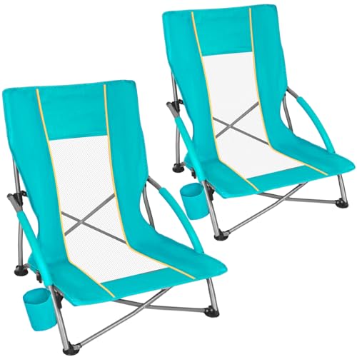 Romswi Low Beach Chairs for Adults 2 Pack, Lightweight Folding Sand Chairs with Breathable Mesh Back & Cup Holder, Portable Compact Camping Chairs, 300lbs Capacity,Green - color: Green - Low Back