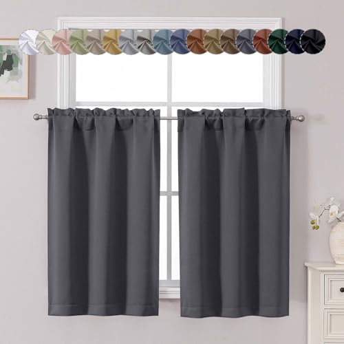 Chyhomenyc Charcoal Grey Short Blackout Curtains 45 Inch Length, Small Kitchen Curtain Tier Rod Pocket Half Window Curtains for Bathroom Basement Cabinet Camper RV Bunk, 2 PCS, Each 30" Wx45 L - color: Charcoal Grey, size: 30"W x 45"L (Pack of 2)