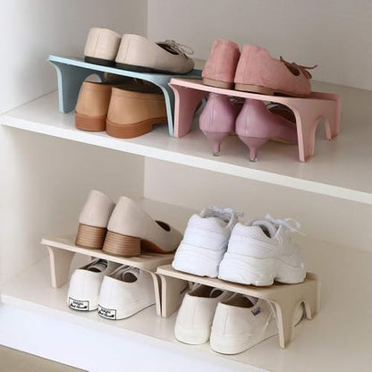 4 Pack Stacking Shoe Organizer for Shelf 10x8.7 in – Double Layer Space Saving Shoe Dividers for Shelves – Footwear Riser for Heels Under 4.7", Sneakers & Flats Storage for Small Closets, Dorms, Apts