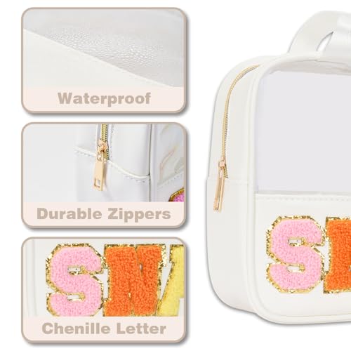 Snacks Bag Clear Chenille Varsity Letter Zipper Pouch Travel Makeup Bag Aesthetic Storage Organizer Pouches for Women with Glitter Patch Letters - color: White