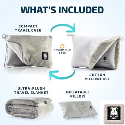 Travel Blanket and Pillow Set — Airplane Blanket with Inflatable Pillow and Cotton Pillowcase, Travel Blanket Combo with Back-Neck Snaps for Long Flights - color: Grey Set, size: 64x43''