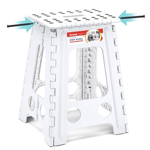 ACSTEP Folding Step Stool 17.5 Inch Heavy Duty Step Stool Foldable for Adults and Kids, Collapsible Stepping Stool with Handle, Non Slip Folding Stools for Kitchen Hold Up to 400lbs (White 1PC) - color: White, size: 17.5 Inch( Pack of 1)