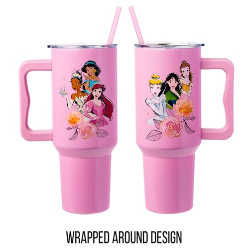 Silver Buffalo Disney Princess Featuring Cinderella, Mulan, Belle, Ariel, Tiana, and Jasmine Double Walled Stainless Steel Tumbler with Handle and Straw, Fits in Standard Cup Holder, 40 Ounces - color: Disney Princesses