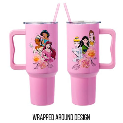 Silver Buffalo Disney Princess Featuring Cinderella, Mulan, Belle, Ariel, Tiana, and Jasmine Double Walled Stainless Steel Tumbler with Handle and Straw, Fits in Standard Cup Holder, 40 Ounces - color: Disney Princesses