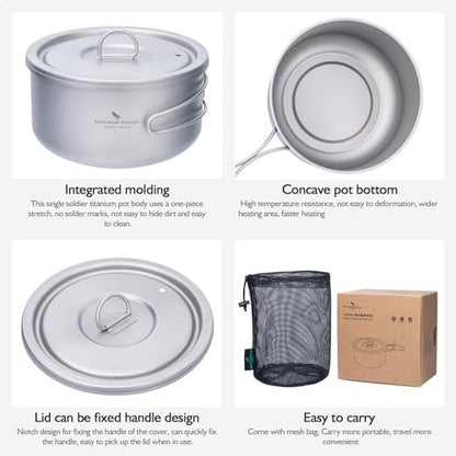 Boundless Voyage Titanium Pot Multifunctional Cooker Ultralight Camping Pot with Handle & Lid Outdoor Open Fire Cookware for Backpacking, Hiking, Bushcraft Cooking Ti2041C