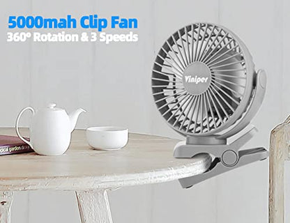Viniper 6 inch Rechargeable Clip on Fan, 5000mah Battery Desk Fan : 360° Rotation & 3 Speeds Strong Wind Portable Fan, 8-30 Working Hours, Quiet and Powerful (Gray) - color: Grey, style: 5000mah Clip fan