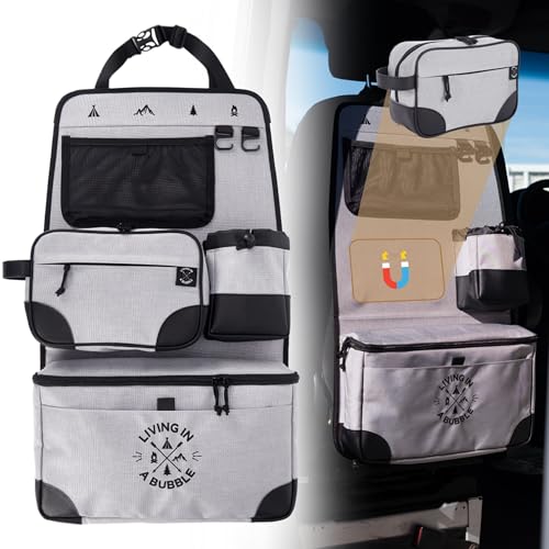 Living in a Bubble Seat back Organizer – Magnetic Toiletry and Cooler Pouch, Cordura Car Backseat Storage with Device Holder & Hooks, Multi-Compartment Utility Bag for Campervans & Family Travel - color: Gray, size: Seatback Storage