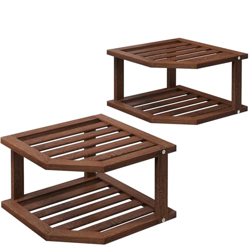 VERTORGAN Bamboo Corner Shelf(2 Pack),2 Tier Plate Organizer for Cabinet and Countertop,Pantry Dish and Spice Rack for Kitchen（Brown） - color: Brown, size: 2 Pc