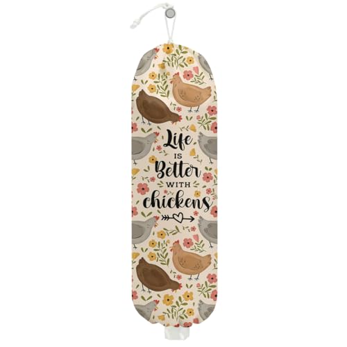 Rustic Chicken Plastic Bag Holder, Vintage Chickens Grocery Bag Holder for Plastic Bags, Pull Rope Free Adjustment, Floral Grocery Bags Storage Dispenser for Home Kitchen, Chicken Gifts for Women Mom - color: Chicken Lover