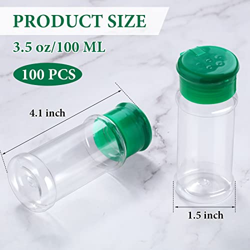 Amyhill 100 Pcs Plastic Spice Bottles Spice Jars Seasoning Jars Shaker Plastic Jars 3.3 Oz/ 100ml Seasoning Shaker with Shaker Lids(Green Lid) - color: Green Lid