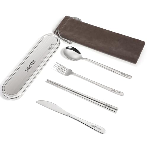INKULEER Travel Cutlery Set - 18/8 Stainless Steel Reusable Utensils with Metal Case, Portable Silverware for Camping, Office, Travel & Outdoor Dining - color: Silver