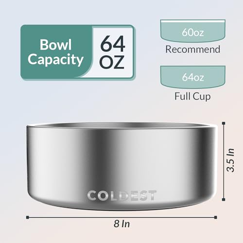 Coldest Dog Bowl - Anti Rust Metal, Non Slip, 3 Layers Insulated Stainless Steel Dog Bowls - Spill Proof & Heavy Duty - Water Bowl for Dogs, Cats, Dish Washer Safe (64 oz, Polished Stainless Steel) - color: Polished Stainless Steel, size: 64 oz