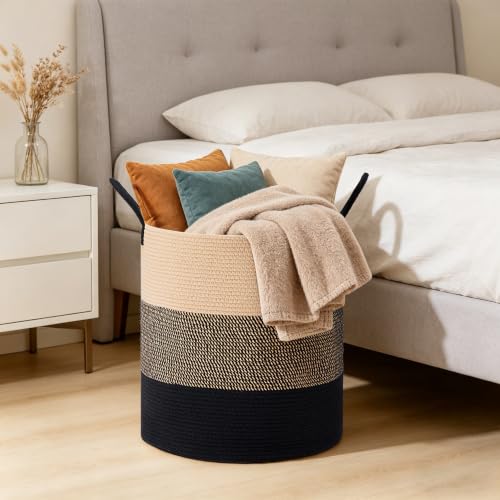 72L Large Tall Cotton Rope Laundry Basket with Handles, Brown & Black - color: Brown & Black, size: 72L