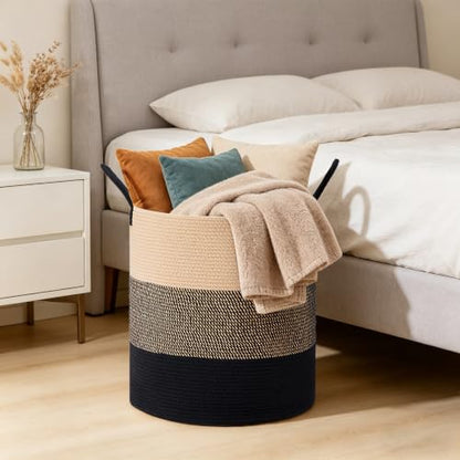 72L Large Tall Cotton Rope Laundry Basket with Handles, Brown & Black - color: Brown & Black, size: 72L