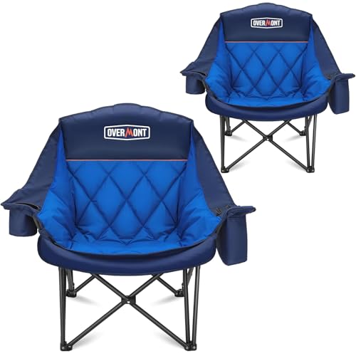 Overmont Oversized XL Camping Chair for Adults - 2 Pack 500lbs Support Heavy-Duty Padded Folding Chair with Side Pocket Cup Holder Cooling Bag for Outdoor Sports Garden Beach Fishing Lawn Blue - color: Blue 2pcs