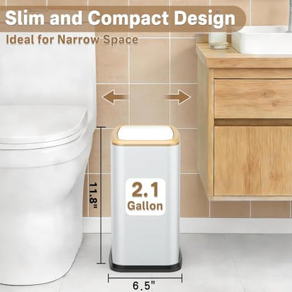 2.1 Gal Slim Bathroom Trash Can with Swing Lid, Rustproof Stainless Steel Small Garbage Can for Narrow Spaces & Toilet Side, Dog Proof Odor Control Waste Basket for Bedroom/Office, White - color: White
