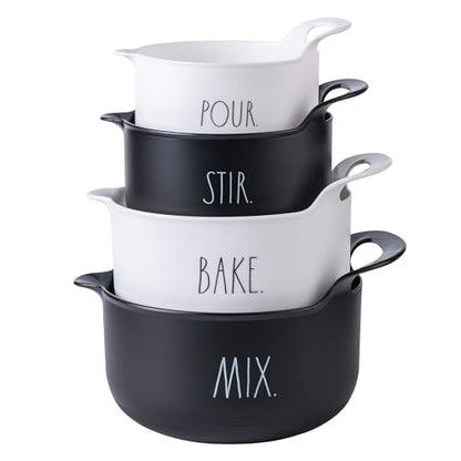 Rae Dunn Non-Slip Mixing Bowls - 4 Piece Nesting Plastic Mixing Bowl Set with Pour Spouts and Handles-Measurement Markings (Black) - color: Black