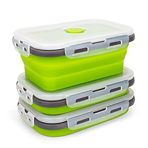 CARTINTS Set of 3 Collapsible Food Storage Containers with Lids, Collapsible Silicone Bowls, Silicone Lunch Containers, For Meal Prep, Camping, Travel, Microwave and Freezer Safe,500ml,Green - color: green