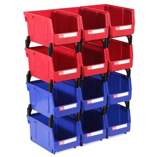 Stackable Storage Bins 12 Pack (7x5x4 Inch), Plastic Stackable Storage Organizer Bins Wall Mounted Hanging Small Parts Bin for Garage, Workbench & Office (Blue & Red) - color: Blue & Red 12pack, size: 7x5x4 inch