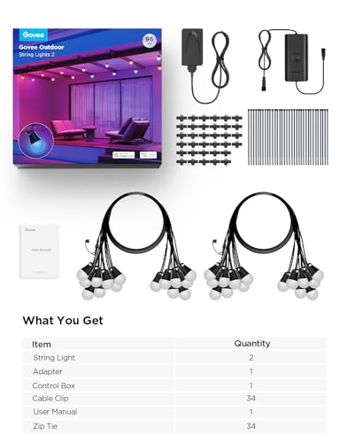 Govee Smart Outdoor String Lights 2, 96ft RGBIC Outdoor Lights with Dimmable Warm White LED Bulbs, 47 Scene Modes for Patio, Backyard, IP65 Waterproof, Compatible with Alexa, App Control - size: 96ft