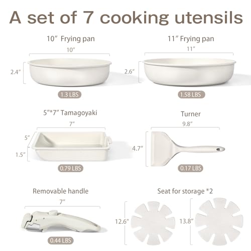 GiPP Ceramic Pots and Pans Set Non Stick, Nonstick Detachable Handle Cookware Sets, Non Toxic Induction Kitchen Pot and Pan with Removable Handle, Healthy RV Cookware, Dishwasher ＆Oven Safe, 7 Piece - color: White, size: 7PCS 04