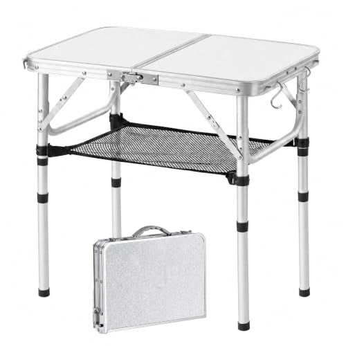 YUFIFAIRY Small Folding Table 2 Foot, Portable Camping Table with Mesh Holders,Lightweight Aluminum Adjustable Height, with Carry Handle for Camping Picnic Indoor Outdoor, 24 x 16 inch (3 Heights - color: Silver, size: 24''L x16''Wx24"H