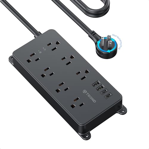 TROND 360° Rotating Plug Power Strip, ETL Listed, Flat Plug 10ft Extension Cord, 2 USB-A and 2 USB-C, Wall Mountable, 7 Widely-Spaced Outlets, 1700J Surge Protector, for Home Office, Black - color: Black, size: 10ft, style: 7 Outlets - with Rotating Plug