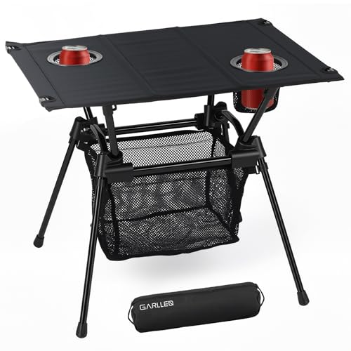 GARLLEN Folding Camping Table, Ultralight Compact Beach Table with Fabric Tabletop, Portable Folding Picnic Table with Cup Holder & Storage Net for Sand, Camping, Outdoor, 23.2“L x 15.7”W