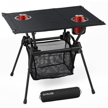 GARLLEN Folding Camping Table, Ultralight Compact Beach Table with Fabric Tabletop, Portable Folding Picnic Table with Cup Holder & Storage Net for Sand, Camping, Outdoor, 23.2“L x 15.7”W