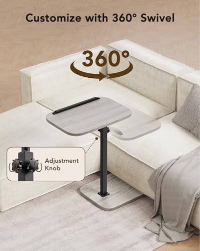 HUANUO TV Tray Table，Adjustable Height TV Tray with 360° Swivel & 90° Tilt, Sturdy Side Table with Anti-Slip Bar for Laptop, Eating, Space-Saving Side Table for Couch, Bedside, Living Room - color: Grey