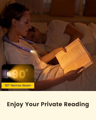 Glocusent Lightweight Neck Light,1200mAh Rechargeable Book Light for Reading in Bed, Eye-Caring with 5 Colors & 5 Brightness Adjustable, Neck Reading Light for Book Lovers - color: Purple