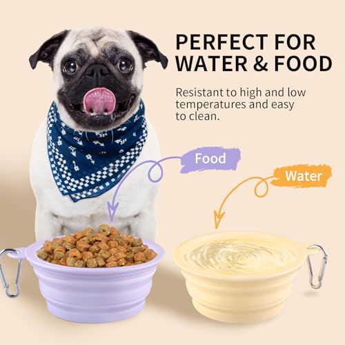 Collapsible Dog Bowls 2-Pack, Portable Travel Dog Bowl with Carabiner, Food-Grade Silicone Pet Bowl for Hiking, Walking (Macaron Yellow and Violet) - color: 12 OZ Macaron Yellow and Violet