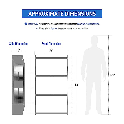 AA Products Inc. SH-4303 Steel Van Shelving Storage System Fits for NV200, Transit Connect 2014+ and Chevy City Express, Contoured Shelving Unit, 32" W x 43" H x 13" D