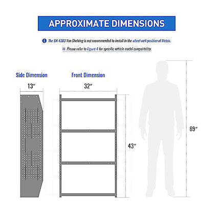 AA Products Inc. SH-4303 Steel Van Shelving Storage System Fits for NV200, Transit Connect 2014+ and Chevy City Express, Contoured Shelving Unit, 32" W x 43" H x 13" D