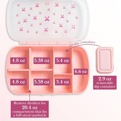 Paris Hilton 2-Pack Bento Style Snack Boxes, 7-Compartment Lunch Containers with Built-In Phone Stand, Removable Dividers and Dip Containers, Pink Bow Print - color: Pink Bow Print