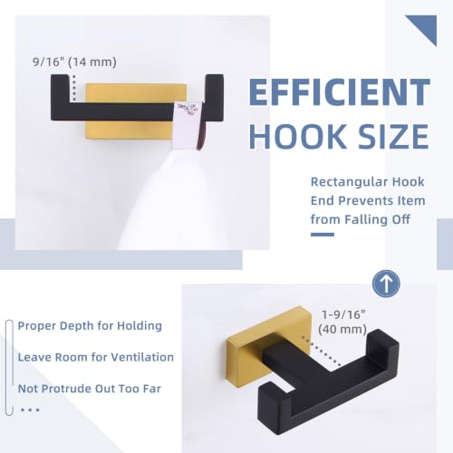 Angle Simple Double Towel Hook Black & Gold, Stainless Steel Bathroom Towel Holder, Coat Robe Hook Wall Mount - color: Black & Gold, size: 1 Pack