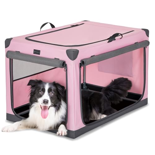 PETSFIT 36" Soft Portable Dog Crate – Patented Spiral Sturdy Frame, Collapsible Travel Kennel for Medium & Large Dogs, 3 Mesh Door, Lockable Zippers, Indoor & Car Use Pink - color: Pink, size: 36.0"L x 24.0"W x 23.0"H