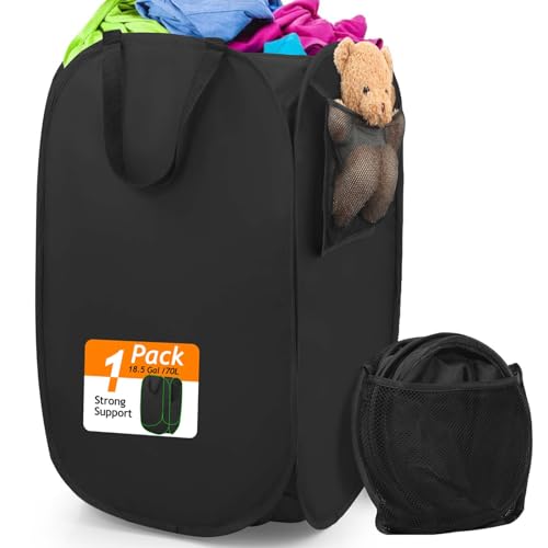 House Again Upgraded Polyester Pop-up Laundry Hamper, 70L (18.5 Gal) Laundry Basket with Durable Handles, Solid Bottom, High Carbon Steel Frame and Side Pocket, Easy to Open and Fold Flat for Storage - color: Black, size: 1-Pack