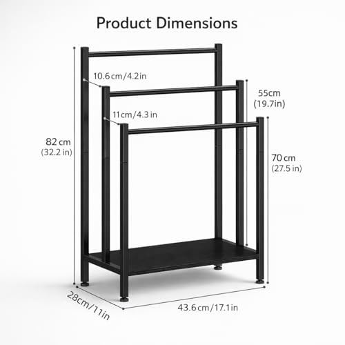 Freestanding Towel Rack, 3 Tier Metal Standing Towel Rack with Wooden Shelf, Blanket Holder and Bath Towel Drying Rack for Bathroom, Black - color: Black