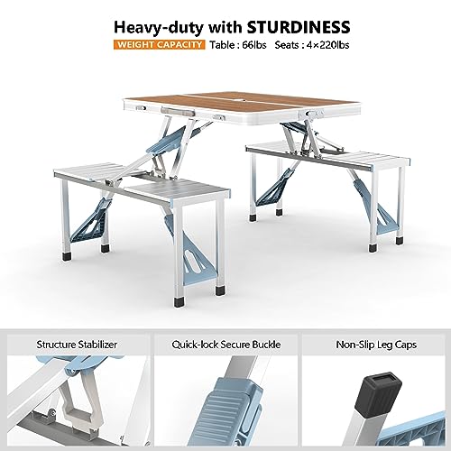 VINGLI 4 Ft Camping Picnic Table Set with 4 Seats with Umbrella Hole Folding Lightweight Suitcase Card Table-220 Lbs Support Aluminum Frame, Plastic RV Tabletop for Barbecue,Travel,Outing,Gathering - color: Natural